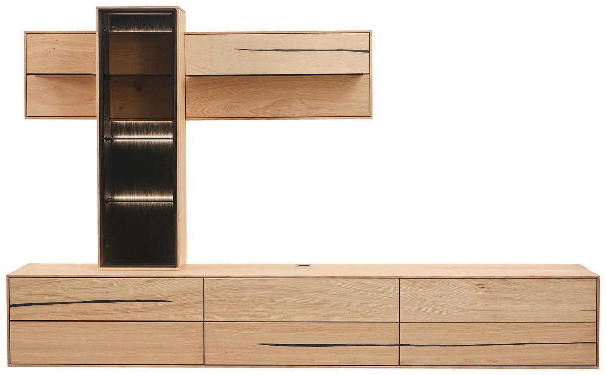 WOHNWAND 3-teilig  in Braun, Schwarz, Eichefarben  280/195/50 cm  - Eichefarben/Schwarz, Natur, Glas/Holz (280/195/50cm) - Waldwelt