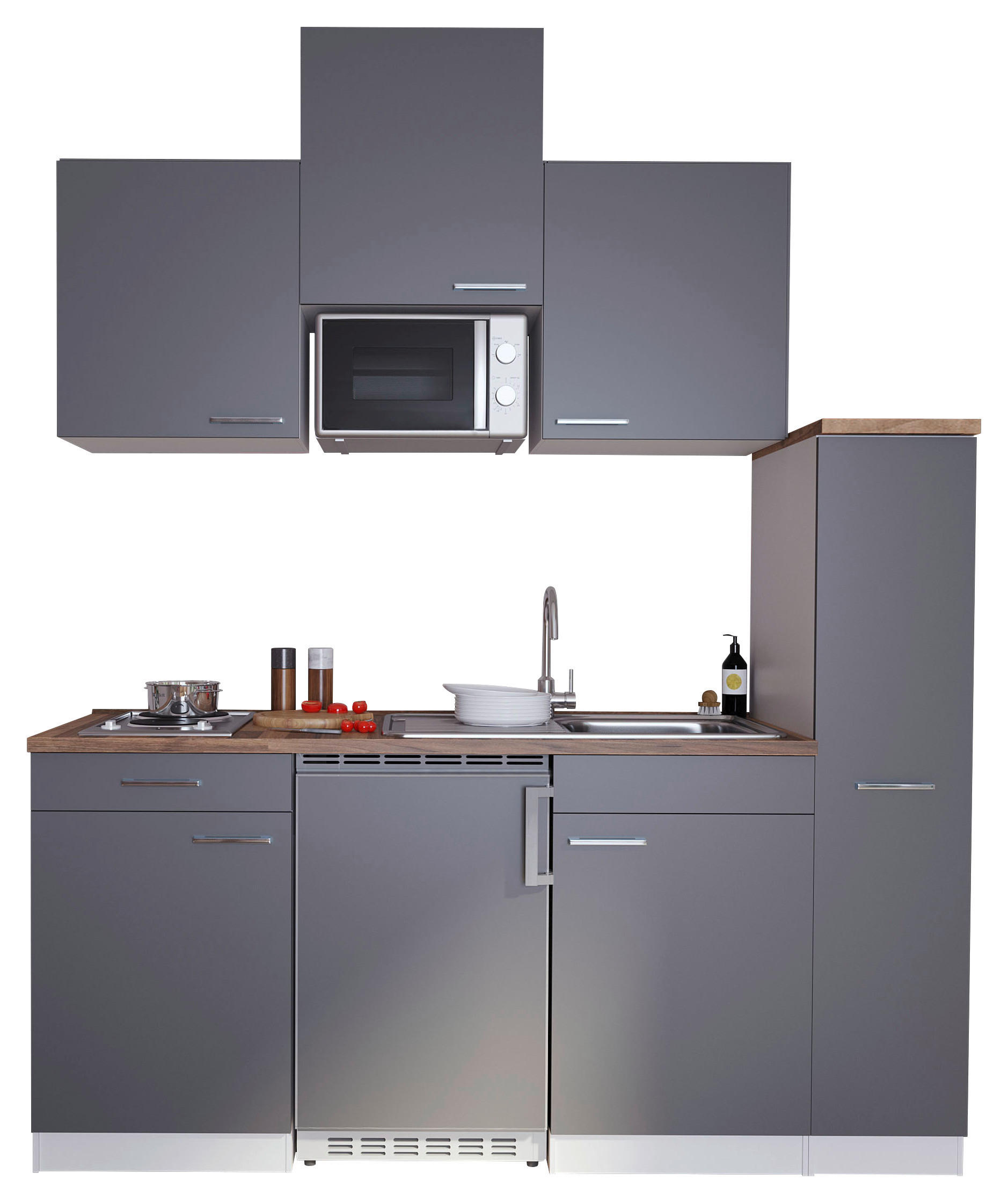 Küchenblock in Grau mit Mikrowelle u. Spüle