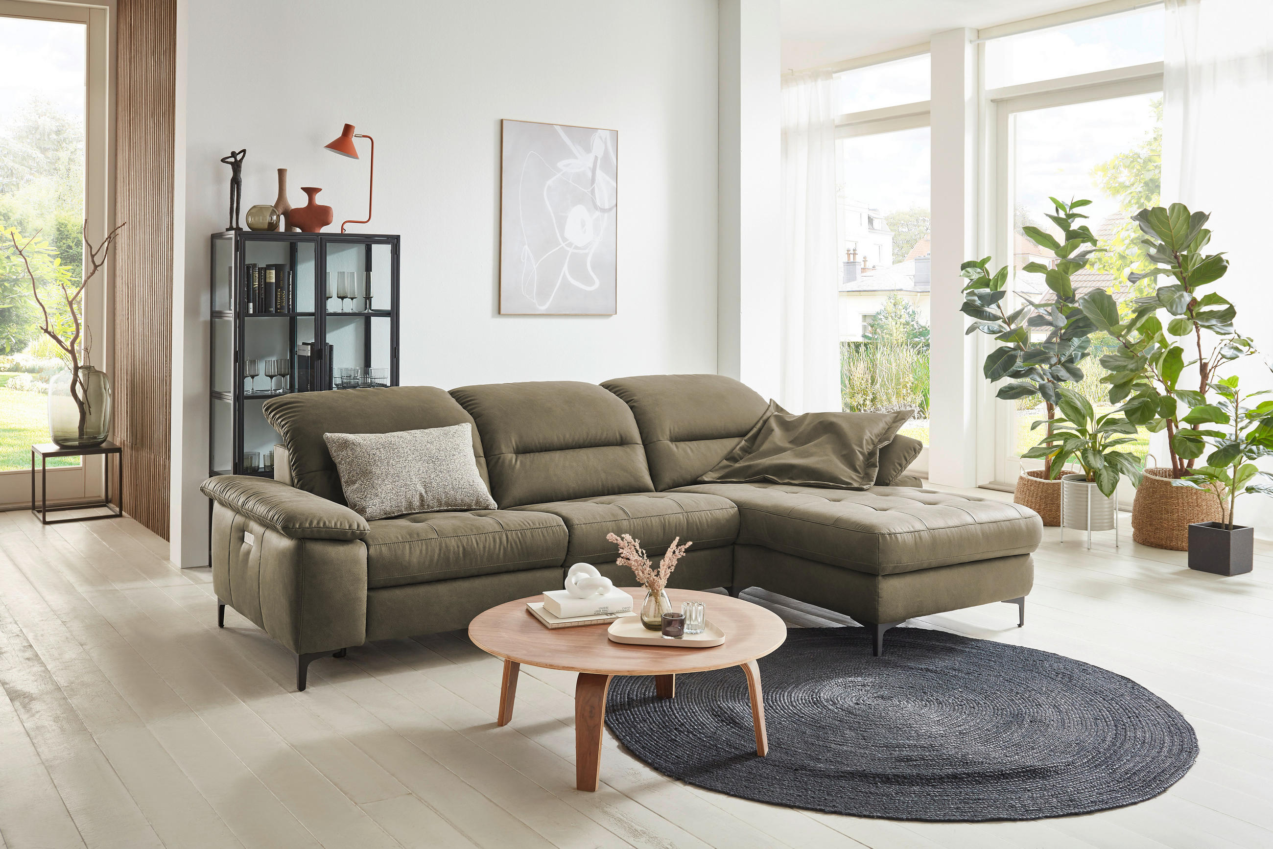 ECKSOFA Olivgrün Mikrofaser  - Chromfarben/Olivgrün, Design, Textil/Metall (280/184cm) - Pure Home Comfort