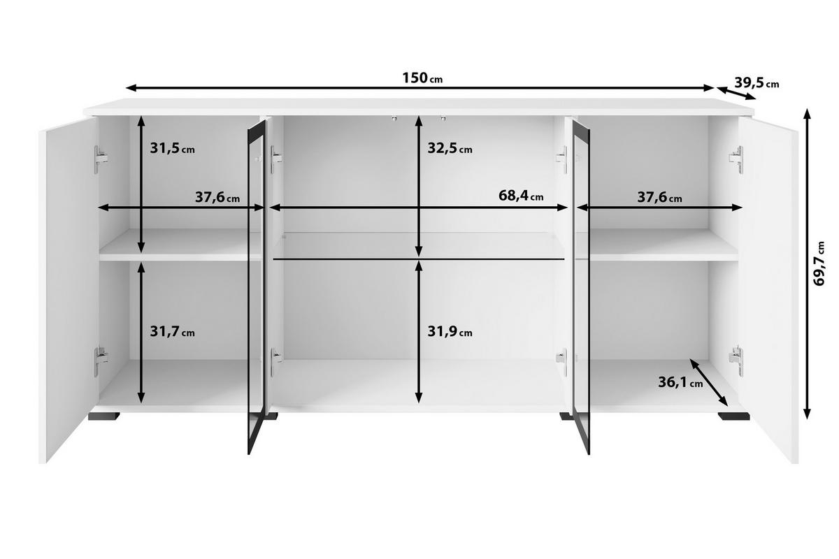 SIDEBOARD 150/69,7/39,5 cm  in Weiss, Weiss Hochglanz  - Weiss Hochglanz/Weiss, Design, Glas/Holzwerkstoff (150/69,7/39,5cm) - Livetastic