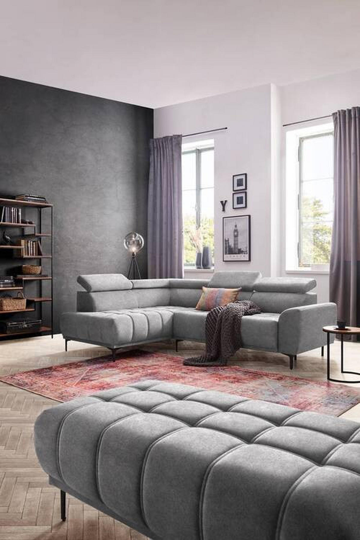 ECKSOFA in Velours Grau  - Schwarz/Grau, Design, Textil/Metall (191/261cm) - Stylife