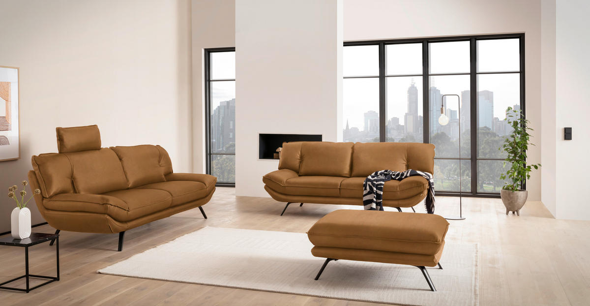 3-SITZER-SOFA in Leder Hellbraun  - Hellbraun/Schwarz, Design, Leder/Metall (226/95/95cm) - Celina
