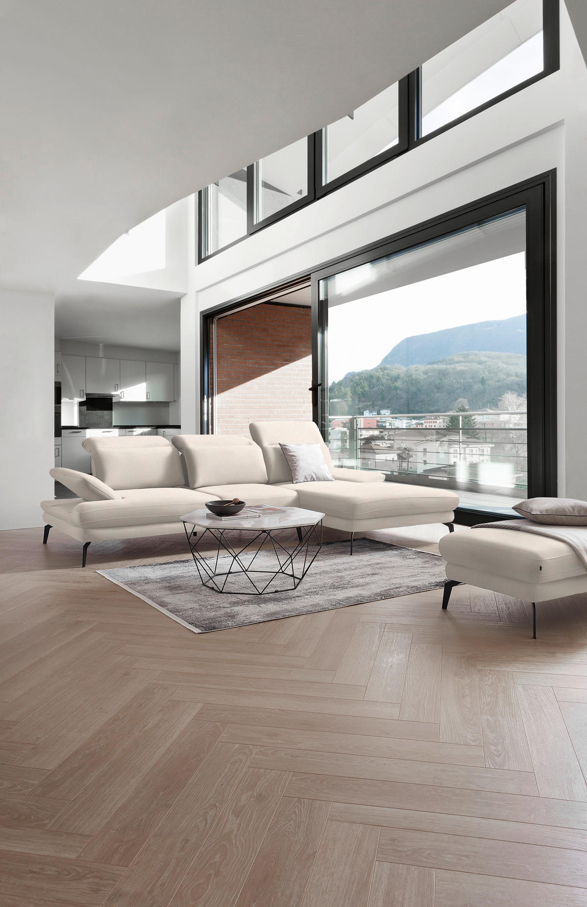 ECKSOFA in Chenille Weiss  - Weiss/Schwarz, Design, Textil/Metall (289/180cm) - Stylife