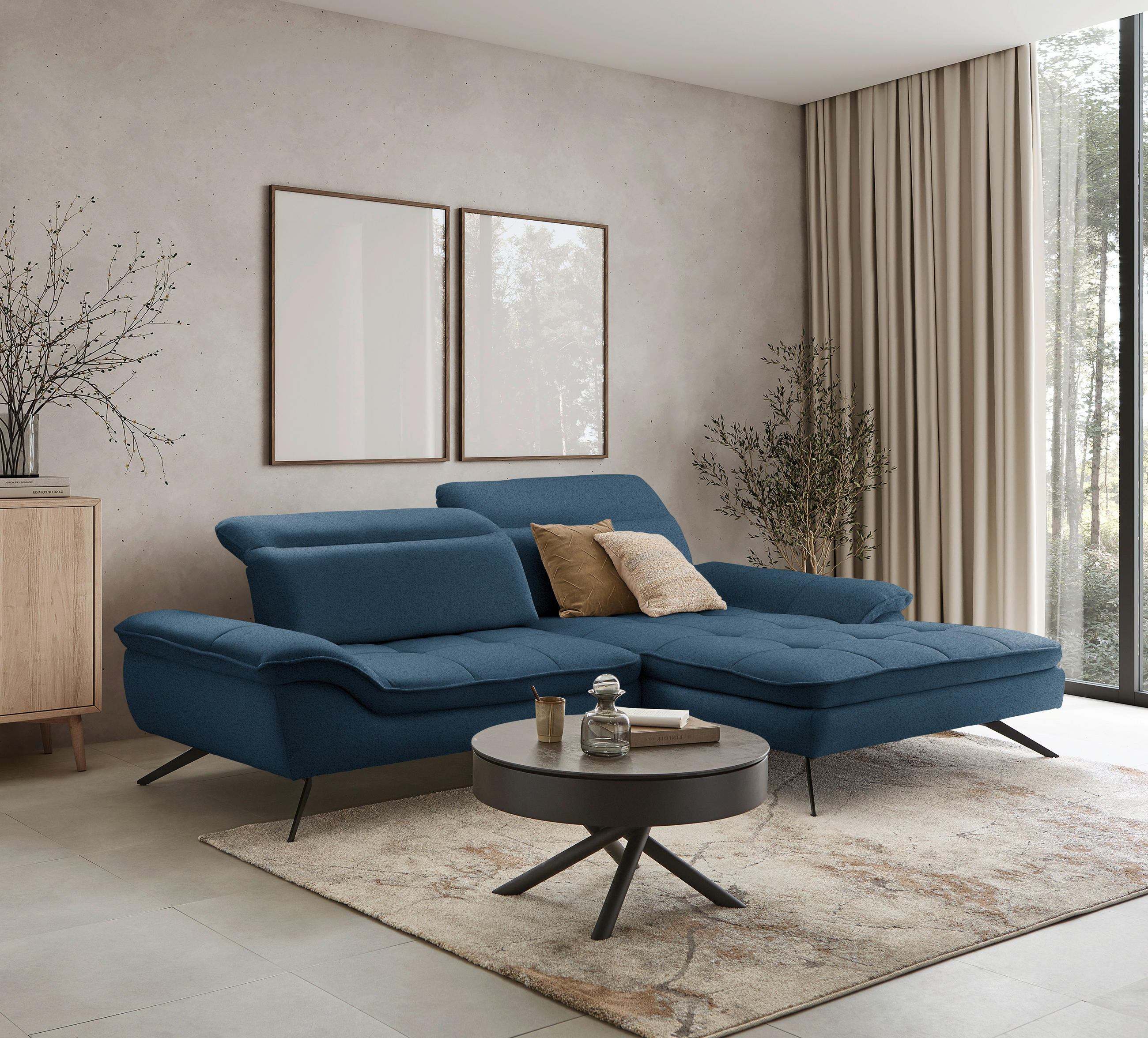 ECKSOFA in Chenille Blau  - Blau/Schwarz, Design, Textil/Metall (288/179-202cm) - Stylife