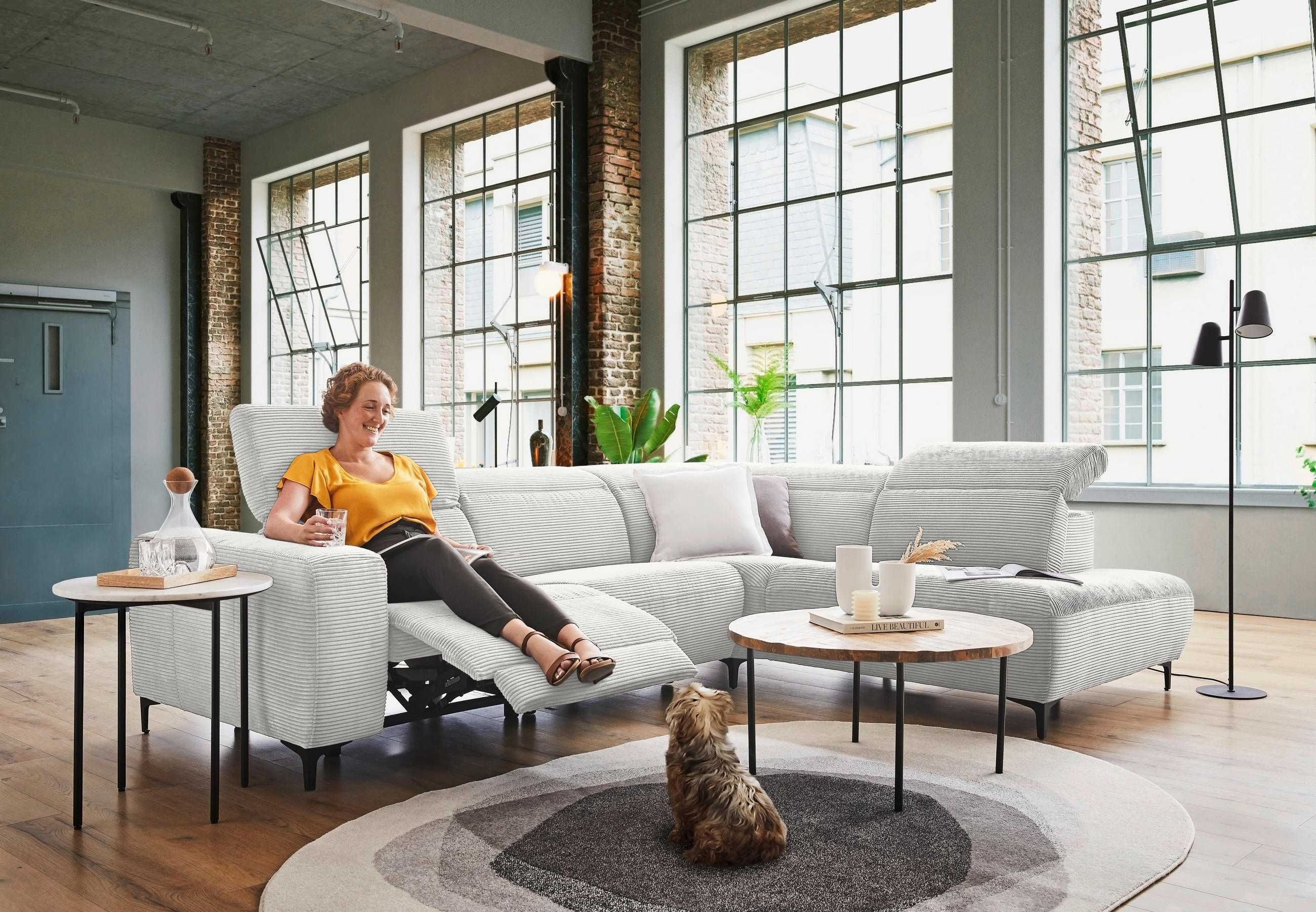 ECKSOFA in Cord Weiss  - Weiss/Schwarz, Design, Textil (290/223cm) - Pure Home Lifestyle