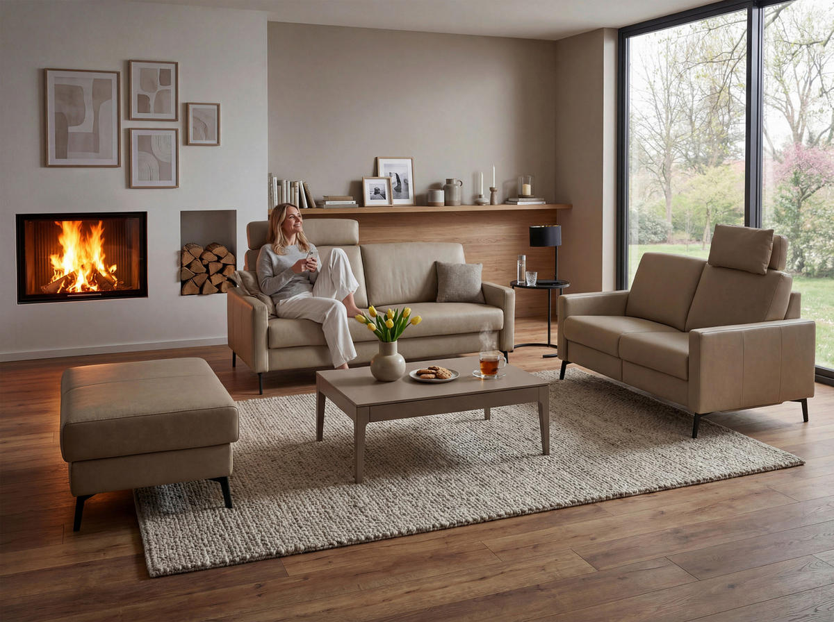 2-SITZER-SOFA Taupe Echtleder  - Taupe/Schwarz, KONVENTIONELL, Leder/Metall (148/86/89cm) - Pure Home Comfort