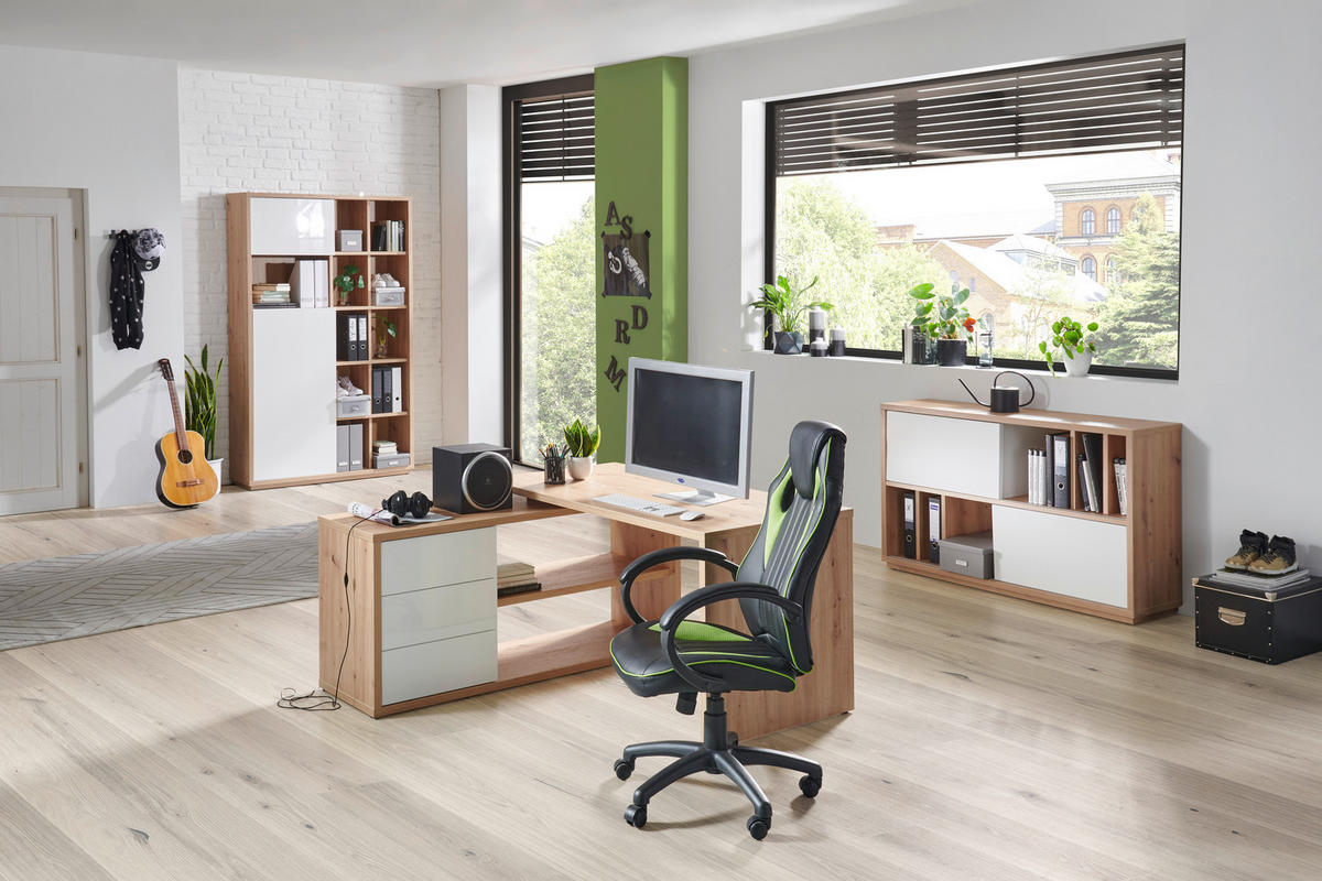 AKTENSCHRANK 139/84/35,5 cm  - Weiss Hochglanz/Eiche Artisan, Design, Holzwerkstoff (139/84/35,5cm) - Stylife