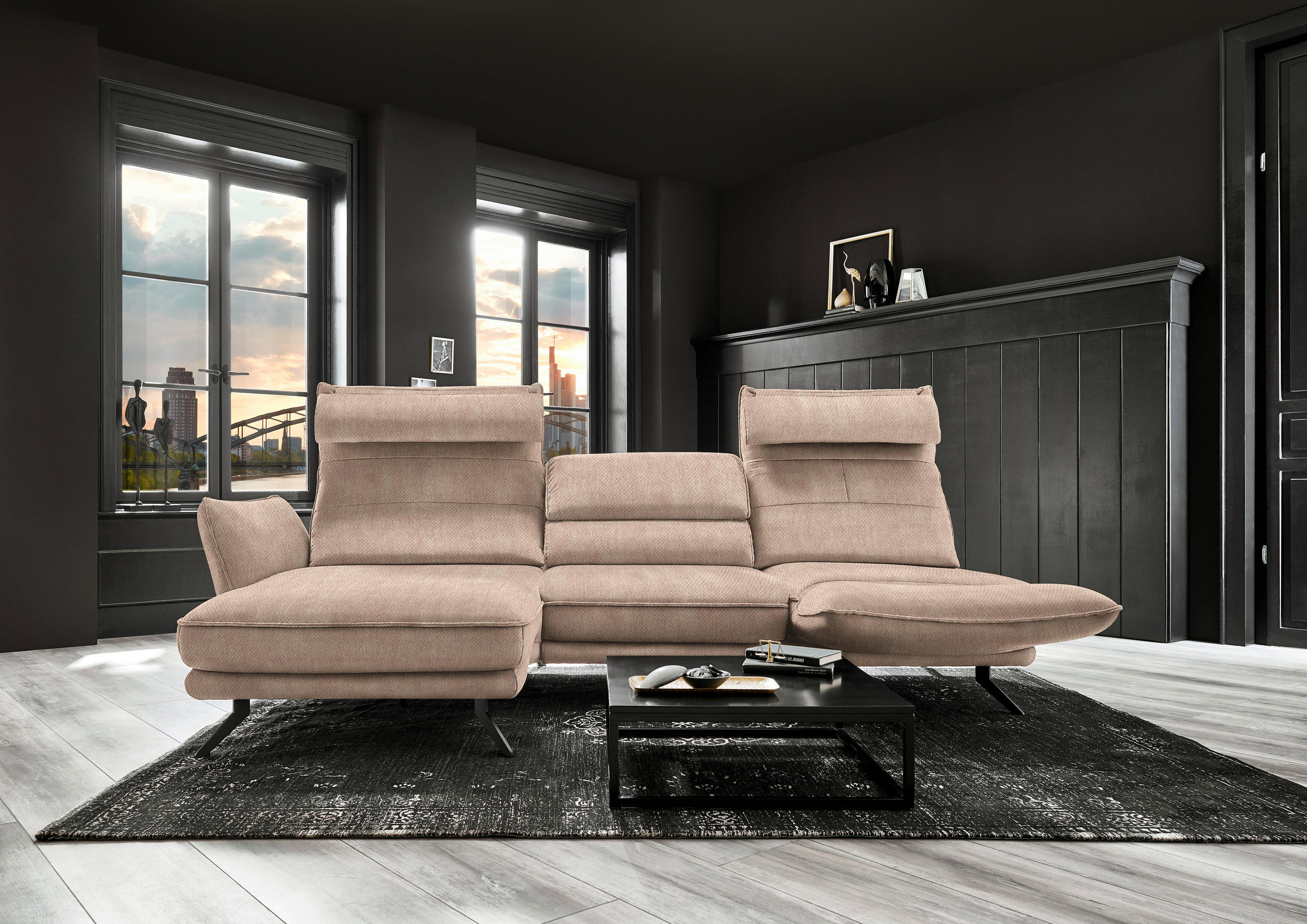 ECKSOFA in Velours Hellbraun  - Hellbraun/Schwarz, Design, Textil/Metall (153/283cm) - Valdera