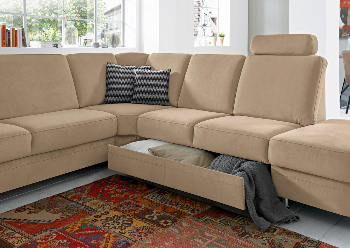ECKSOFA in Flachgewebe Hellbraun  - Hellbraun/Alufarben, Konventionell, Textil/Metall (269/289cm) - Beldomo System