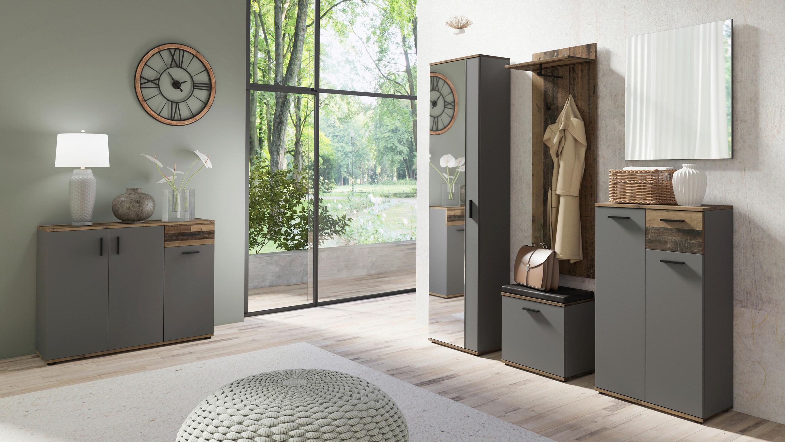 Thumbnail - Mid.you Kommode, Anthrazit, Alteiche, Kunststoff, 4 Fächer, 1 Schublade(n) Schubladen, 60x102x30 cm, Typenauswahl, Beimö...