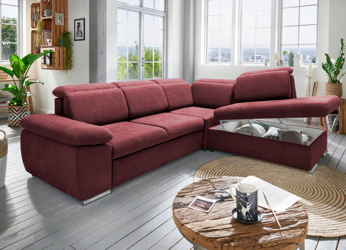 ECKSOFA  in Mikrofaser Bordeaux  - Chromfarben/Bordeaux, Design, Textil/Metall (283/228cm) - Livetastic