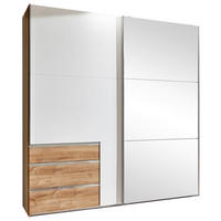 SCHWEBETÜRENSCHRANK 200/216/65 cm,  in Weiß, Eichefarben, 2 Tür(en)  - Chromfarben/Eichefarben, MODERN, Glas/Holzwerkstoff (200/216/65cm) - MID.YOU