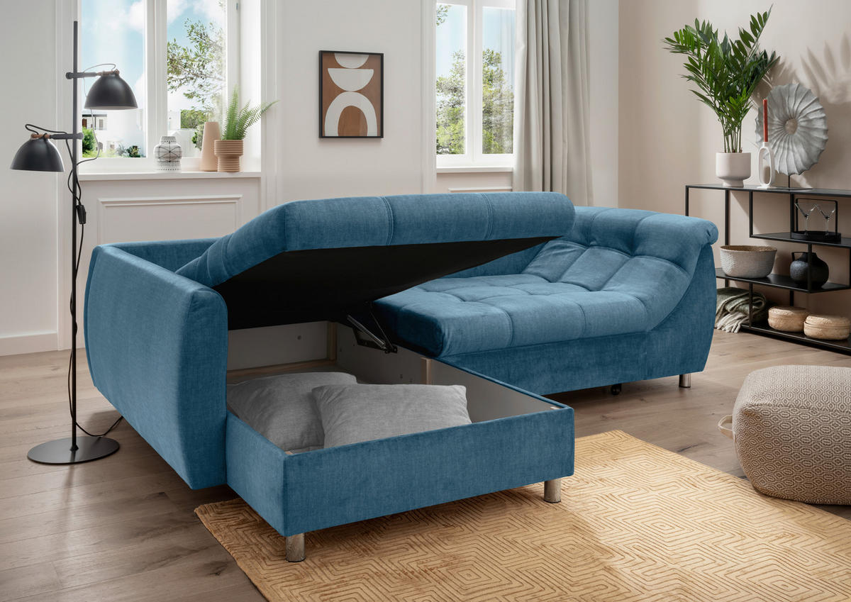 ECKSCHLAFSOFA Mikrofaser Blau  - Chromfarben/Blau, MODERN, Textil/Metall (190/250cm) - Livetastic