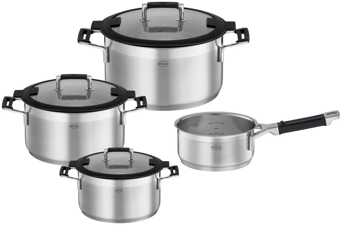 KOCHTOPFSET Silence Pro 4-teilig  - Edelstahlfarben, Glas/Metall (31/55/23,5cm) - Rösle