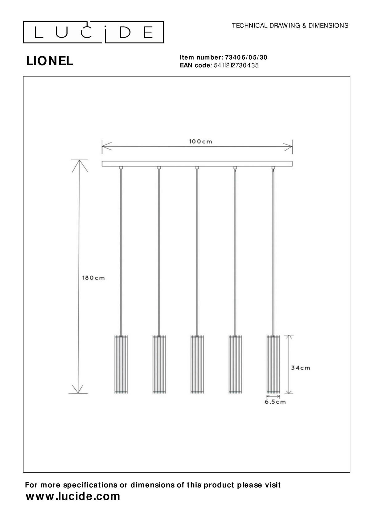 PENDELLEUCHTE Lionel 100/11/180 cm   - Schwarz, Design, Metall (100/11/180cm) - Lucide