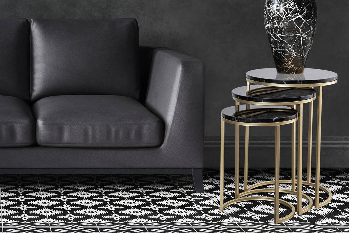 SATZTISCH Schwarz, Goldfarben rund  - Goldfarben/Schwarz, Trend, Stein/Metall - Kayoom