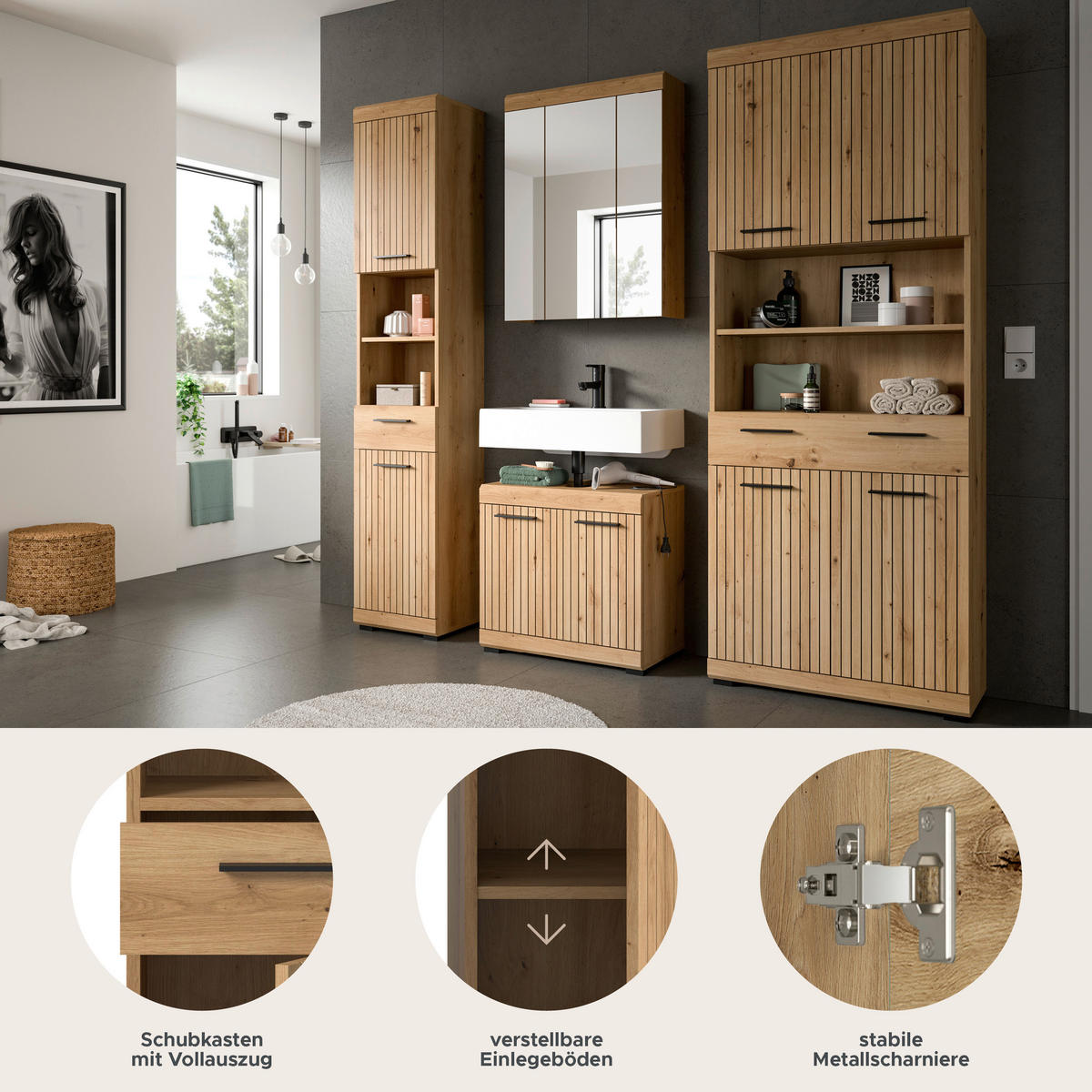 BADEZIMMER 4-teilig  in 171 cm  - Schwarz/Eiche Artisan, Trend, Glas/Holzwerkstoff (171cm) - MID.YOU