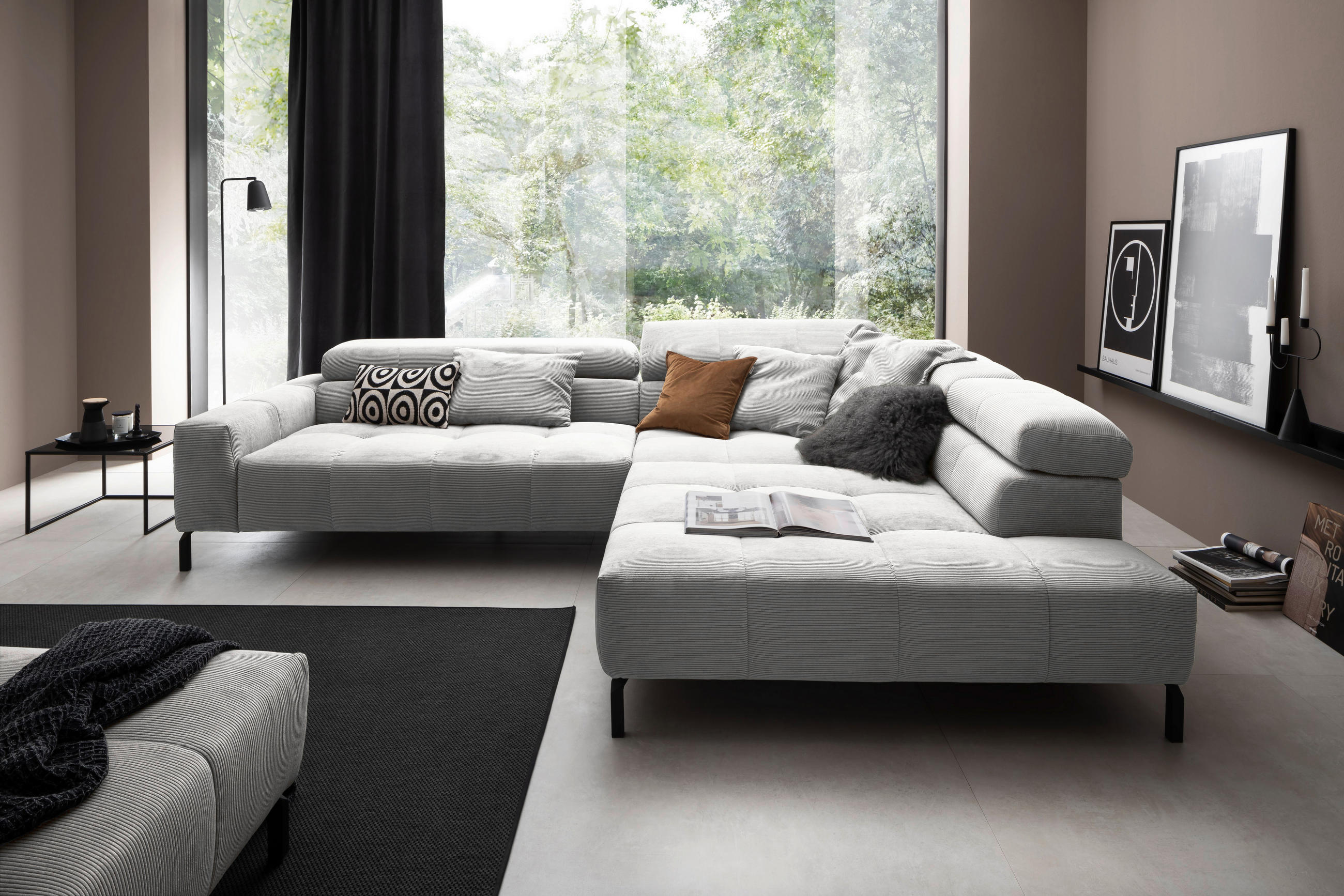 ECKSOFA in Cord Grau  - Schwarz/Grau, Konventionell, Textil/Metall (311/219cm) - Hom`in
