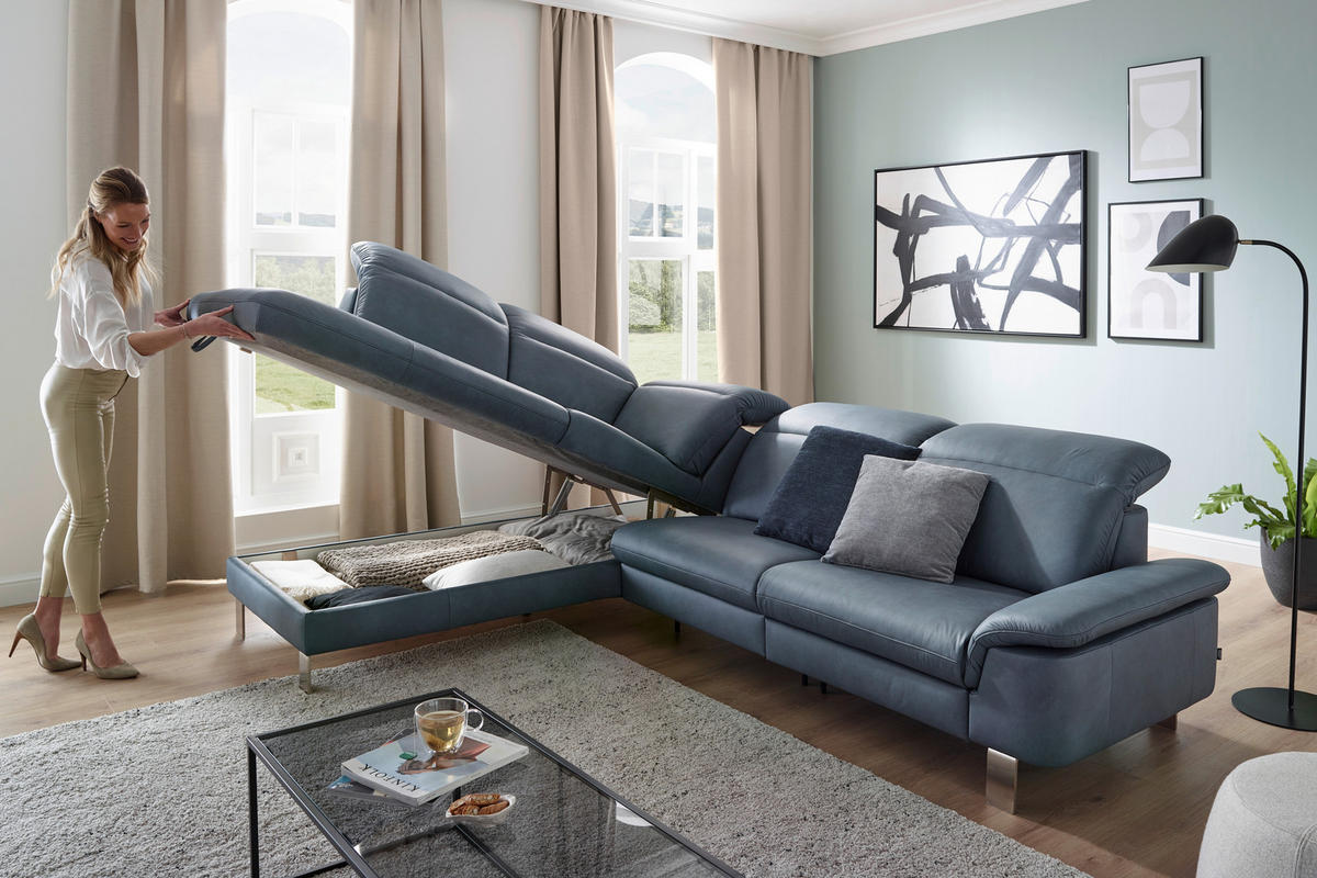 ECKSOFA in Echtleder Blaugrau  - Edelstahlfarben/Blaugrau, Design, Leder/Metall (309/233cm) - Dieter Knoll