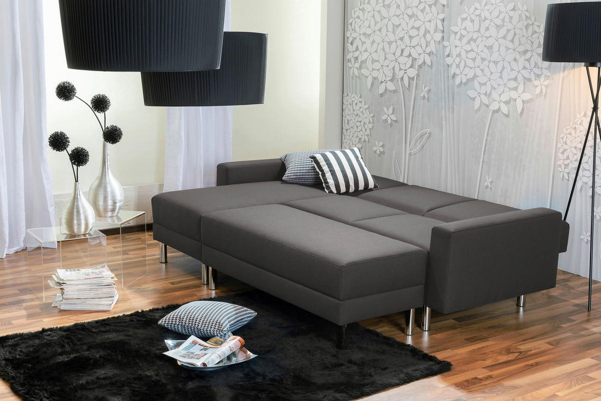 ECKSCHLAFSOFA inkl. Hocker in Anthrazit Textil   - Chromfarben/Anthrazit, Konventionell, Textil/Metall (152/230cm) - Max Winzer