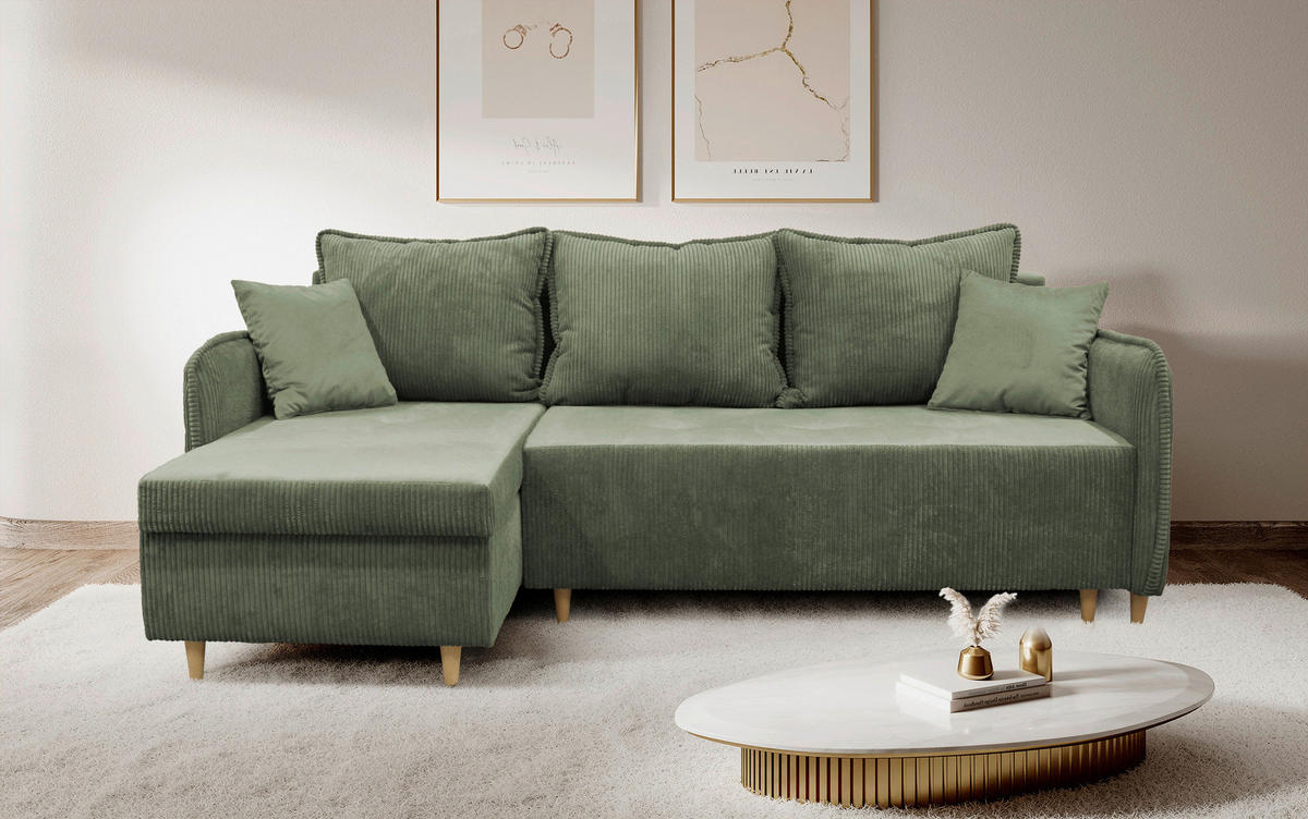 ECKSOFA TEDDY Mintgrün Cord, Bouclé Zierkissen, Rückenkissen, Bettkasten  - Naturfarben/Mintgrün, Design, Holz/Textil (142/215cm) - MID.YOU