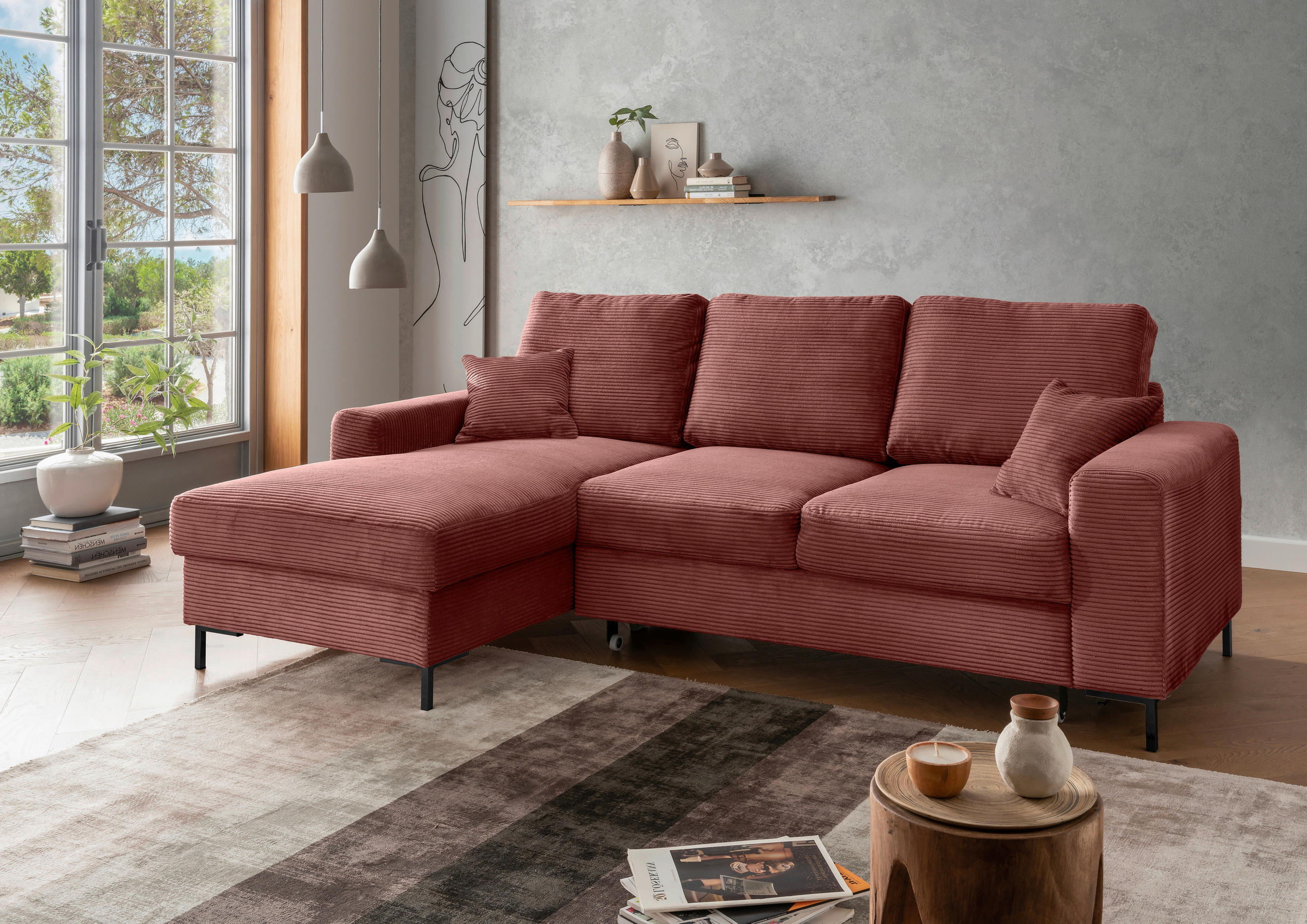 ECKSCHLAFSOFA in Cord Koralle  - Koralle/Schwarz, KONVENTIONELL, Textil/Metall (143/237cm) - Livetastic
