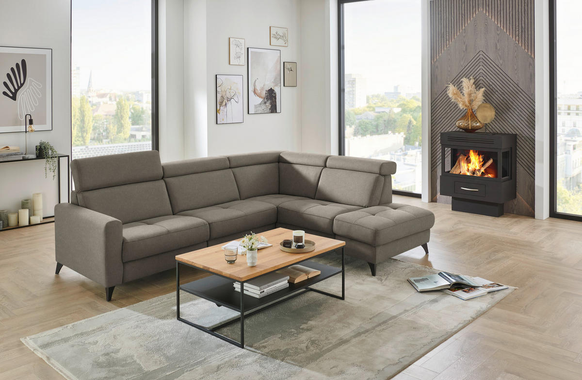 ECKSOFA Flachgewebe Graubraun  - Graubraun/Schwarz, Konventionell, Textil/Metall (276/214cm) - Beldomo System