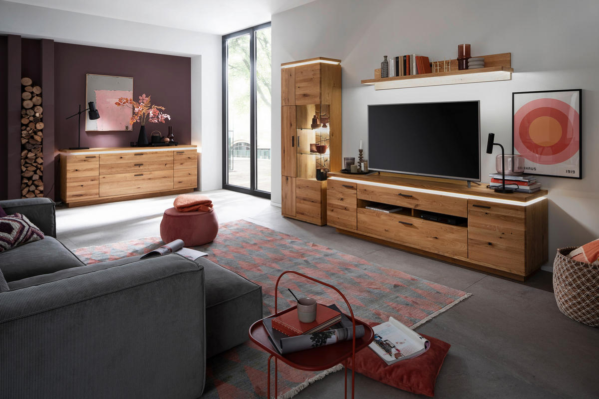 WOHNWAND 3-teilig  Eichefarben 300/204/50 cm  LED-Leuchtmittel   - Eichefarben/Schwarz, Natur, Glas/Holz (300/204/50cm) - Linea Natura