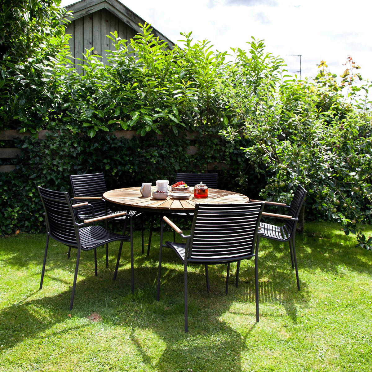 GARTENTISCHGRUPPE Teakholz vollmassiv  - Anthrazit/Schwarz, Natur, Holz/Kunststoff - Gardenson
