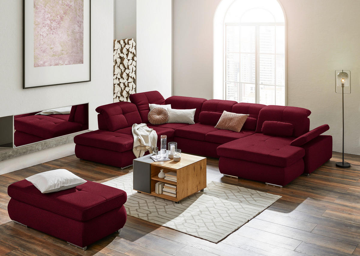 WOHNLANDSCHAFT  in Mikrofaser Weinrot  - Chromfarben/Weinrot, Design, Holzwerkstoff/Textil (260/371/195cm) - Beldomo Style