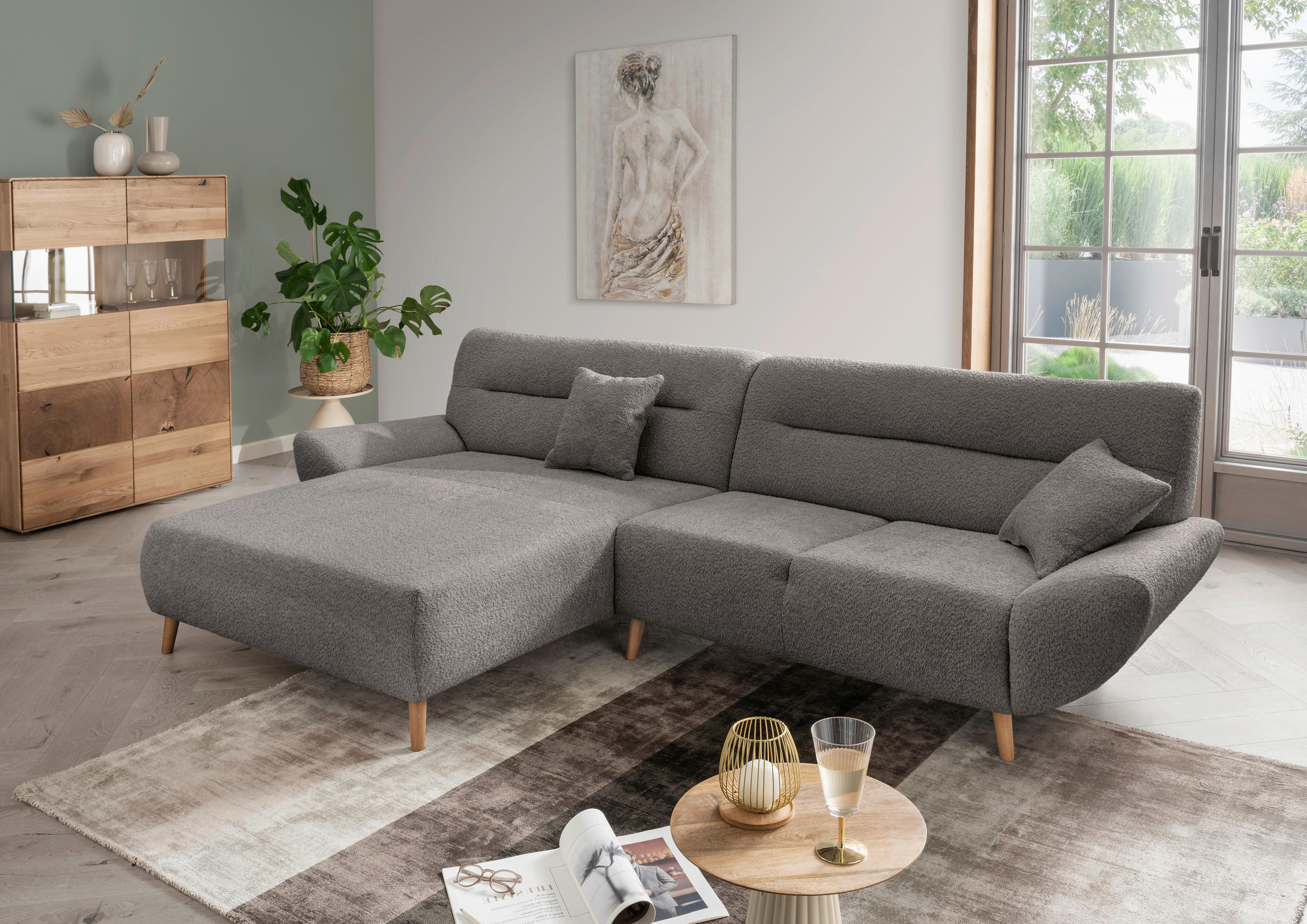 ECKSOFA in Bouclé Anthrazit  166/290 cm  - Wildeiche/Anthrazit, KONVENTIONELL, Holz/Textil (166/290cm) - MID.YOU