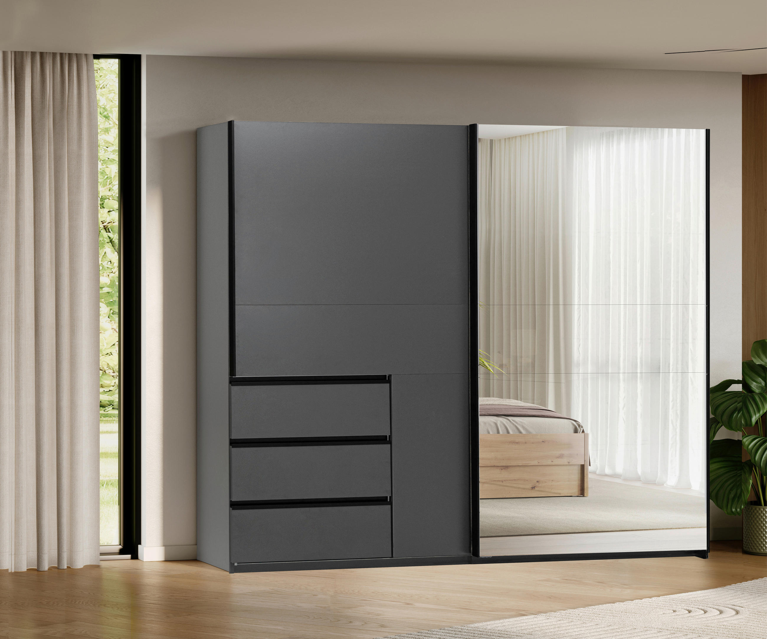 SCHIEBETÜRENSCHRANK 250/205/61,5 cm 2-türig Graphitfarben  - Graphitfarben/Schwarz, MODERN, Holzwerkstoff/Metall (250/205/61,5cm) - MID.YOU