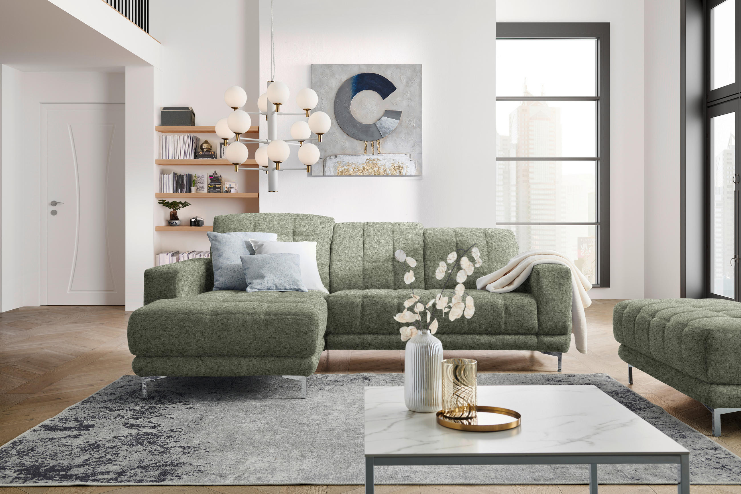 ECKSOFA in Webstoff Grün  - Chromfarben/Grün, Design, Textil/Metall (187/260cm) - Xora
