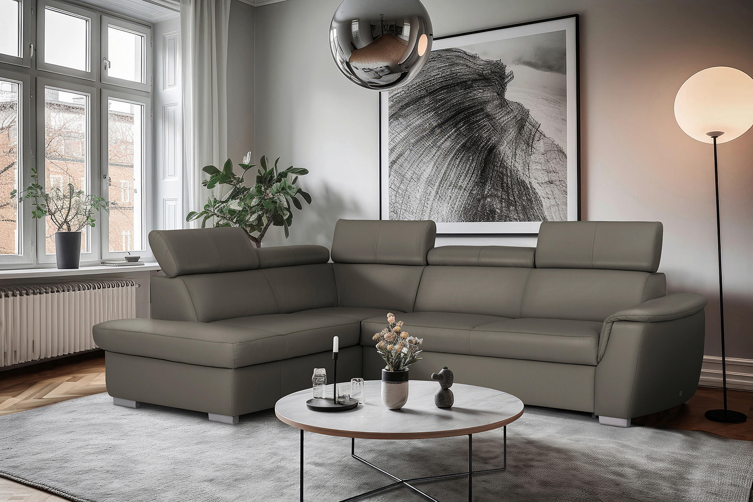 WOHNLANDSCHAFT  in Kombination Echtleder/Lederlook Schlammfarben  - Schlammfarben, Leder/Metall (211/262cm) - Celina Home