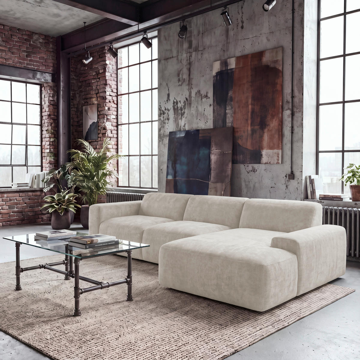 ECKSOFA HANNAH Creme Cord  - Creme/Schwarz, Design, Kunststoff/Textil (343/170cm) - MID.YOU