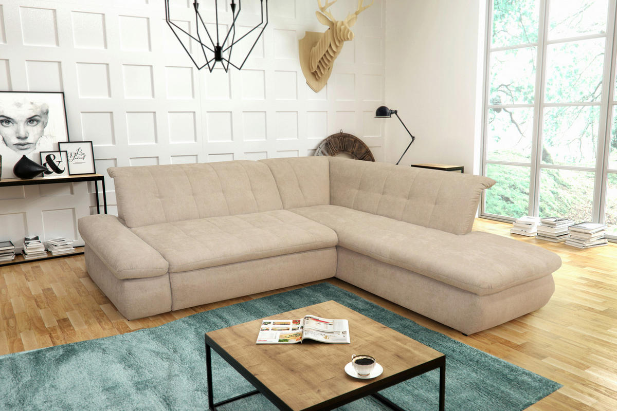 ECKSOFA Beige Mikrofaser  - Chromfarben/Beige, KONVENTIONELL, Textil/Metall (273/216cm) - MID.YOU