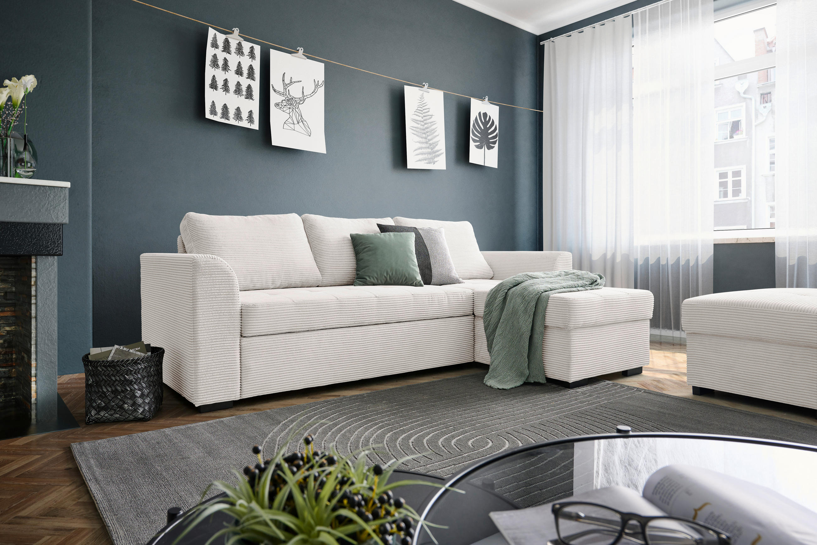 ECKSOFA in Cord, Velours Creme  - Creme/Schwarz, Design, Kunststoff/Textil (155/243cm) - Xora