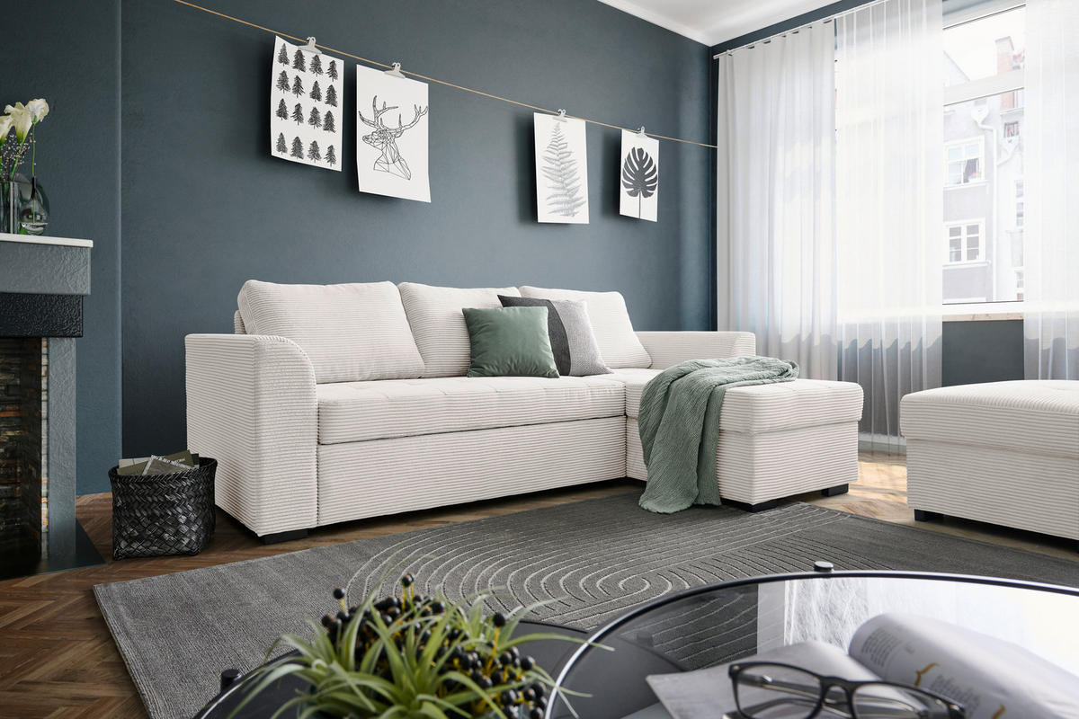 ECKSOFA Creme Cord, Velours  - Creme/Schwarz, Design, Kunststoff/Textil (155/243cm) - Xora