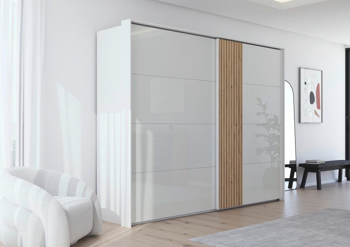 SCHWEBETÜRENSCHRANK  in Weiß, Eichefarben  - Eichefarben/Weiß, Design, Glas/Holzwerkstoff (262/223/68cm) - Novel