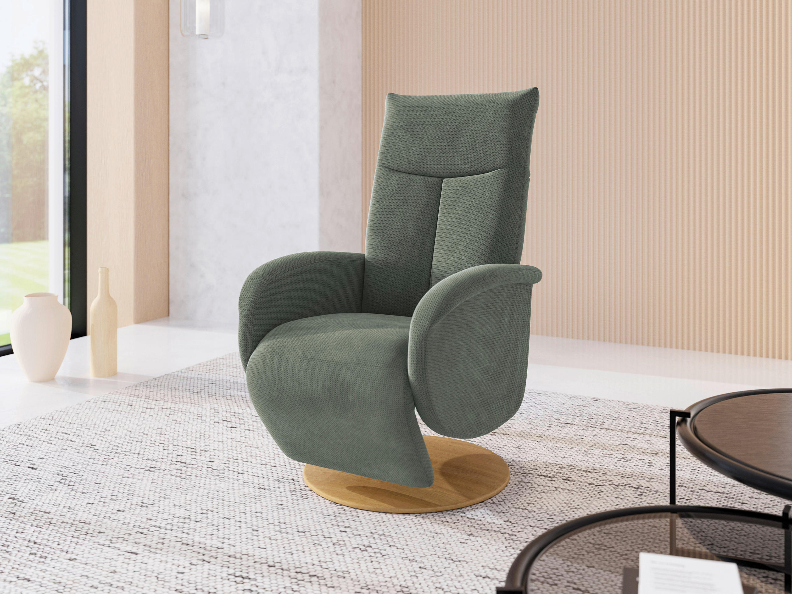 RELAXSESSEL GLENDALE E Flachgewebe Kopfteilverstellung, Rücken echt    - Dunkelgrün/Eichefarben, KONVENTIONELL, Holzwerkstoff/Textil (75/112/82cm) - Sit & More