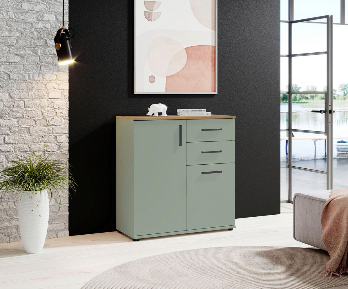 KOMMODE , 84/84/35 cm, 2 Schublade(n)  - Eichefarben/Salbeigrün, Design, Holzwerkstoff/Kunststoff (84/84/35cm) - MID.YOU