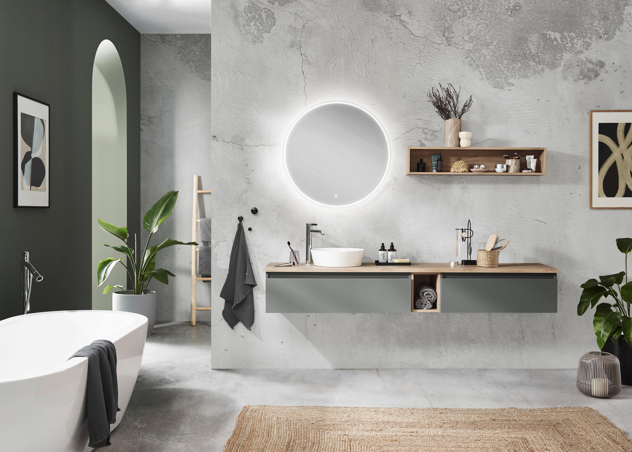 Thumbnail - Novel Waschtischkombi Nv.075, Grün, Eiche, Holzwerkstoff, 2 Schubladen, 200 cm, Goldenes M, Made in Germany, individuell...