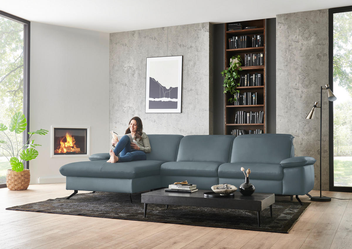 ECKSOFA  Echtleder Blaugrau  - Blaugrau/Schwarz, Design, Leder/Metall (169/307cm) - Beldomo Premium