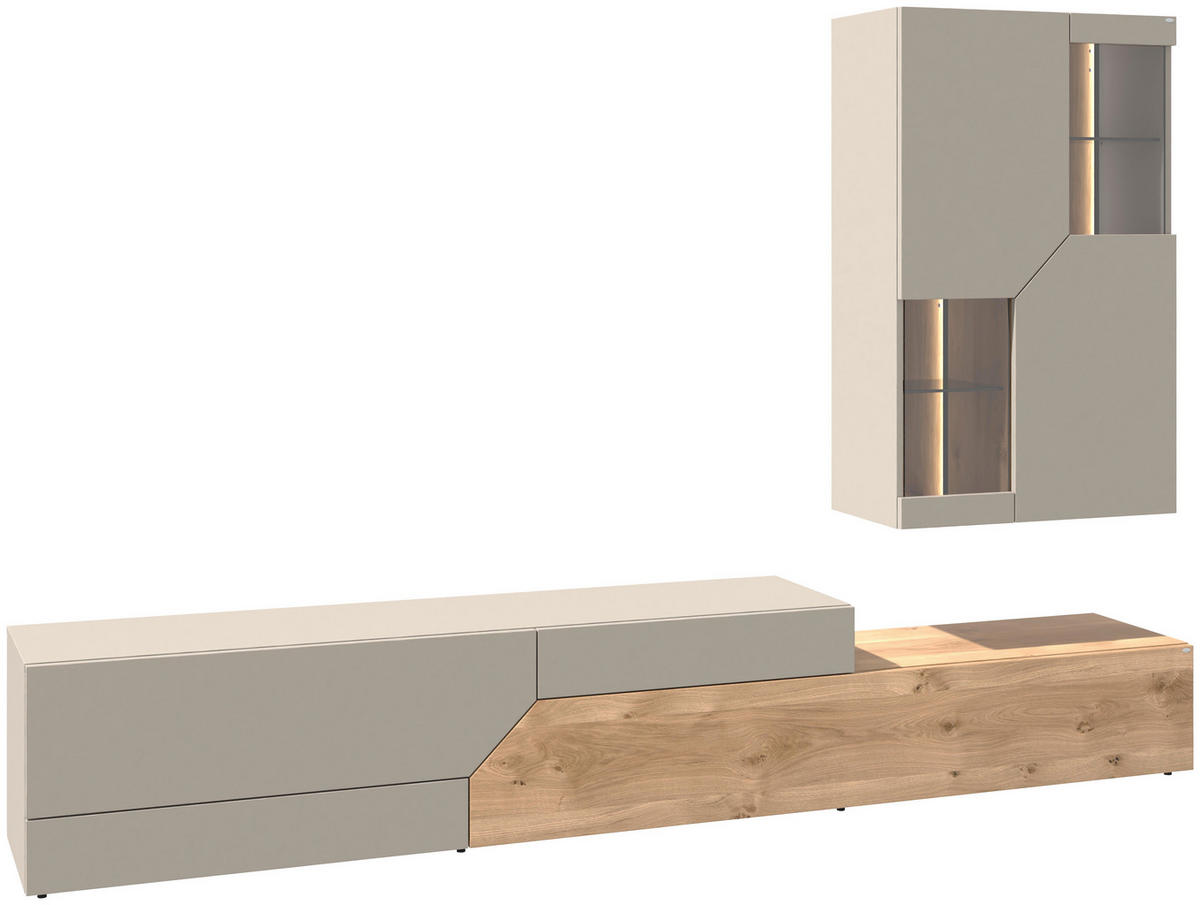WOHNWAND 2-teilig  in Taupe, Wildeiche  288/194/45 cm  - Taupe/Wildeiche, Design, Glas/Holz (288/194/45cm) - Voglauer