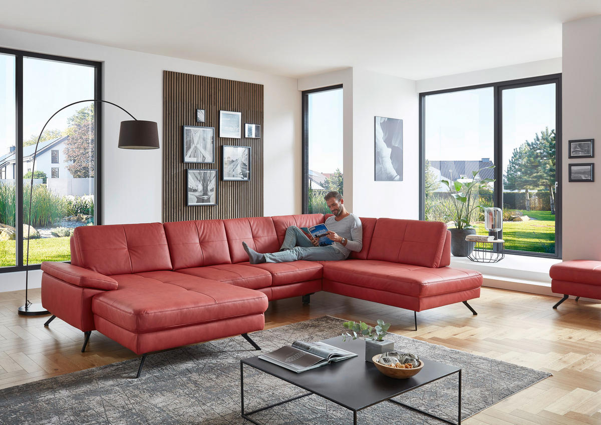 WOHNLANDSCHAFT in Lederlook, Mikrofaser Rot  - Rot/Schwarz, Design, Textil/Metall (179/345/220cm) - Beldomo System