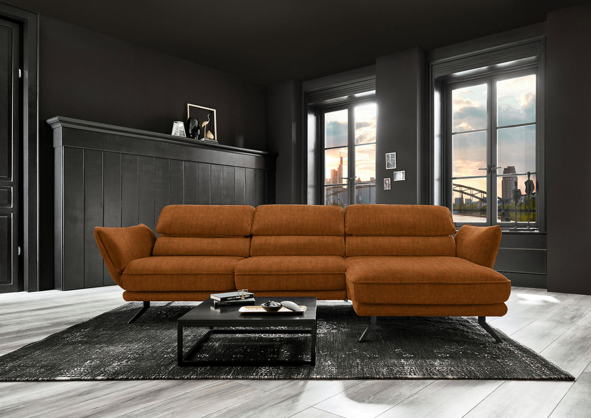 ECKSOFA in Velours Cognac  - Cognac/Schwarz, Design, Textil/Metall (283/153cm) - Valdera