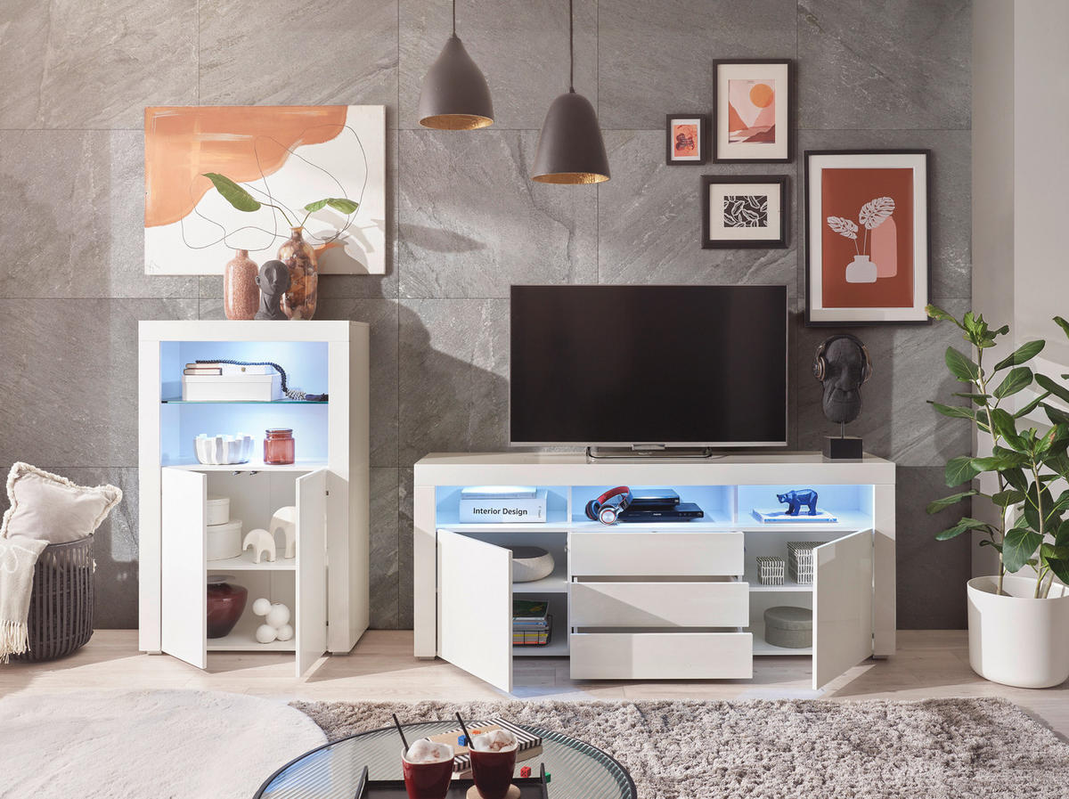 HIGHBOARD  in 80/128/38 cm  - Weiß Hochglanz/Silberfarben, Design, Glas/Holzwerkstoff (80/128/38cm) - MID.YOU