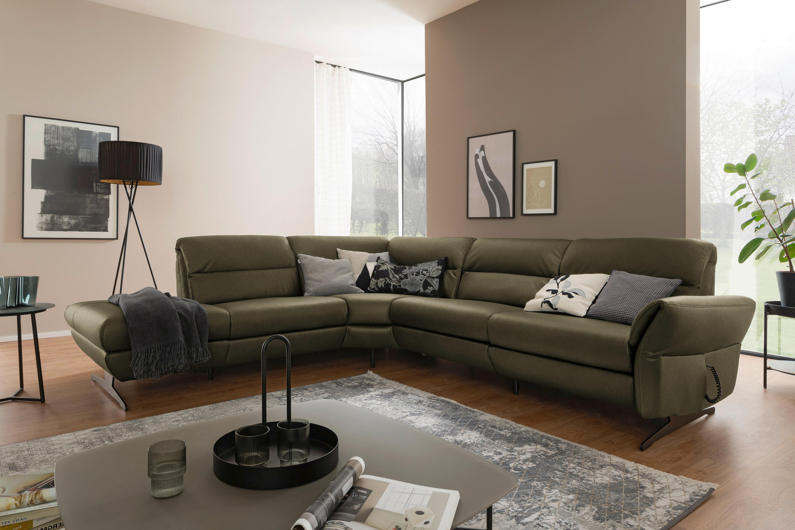 ECKSOFA Olivgrün Echtleder  - Schwarz/Olivgrün, Design, Leder/Metall (258/286cm) - Schöner Wohnen