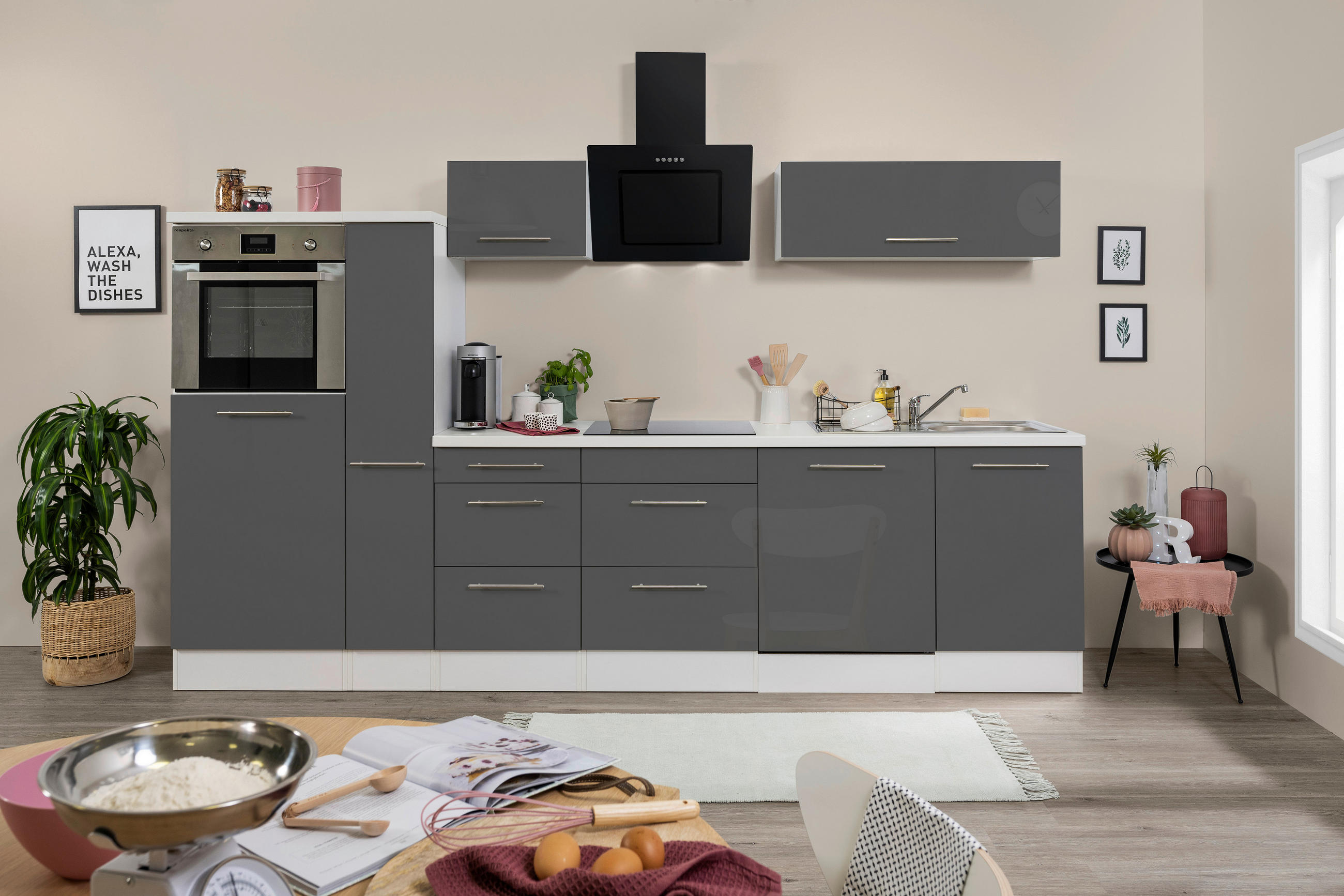 KÜCHENBLOCK 310 cm Grau, Weiß E-Geräte, Spüle, Soft-Close-System, Geschirrspülerblende, Ab- und Überlaufgarnitur, Herdanschlusskabel - Edelstahlfarben/Weiß, KONVENTIONELL, Metall (310cm) - Respekta