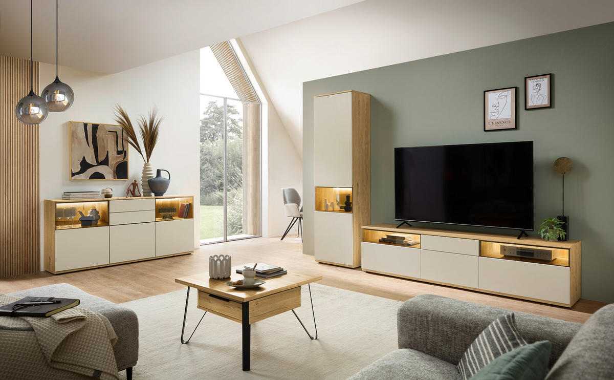 WOHNWAND  in Eichefarben, Beige  285/215/45 cm  - Eichefarben/Beige, KONVENTIONELL, Glas/Holzwerkstoff (285/215/45cm) - Venda